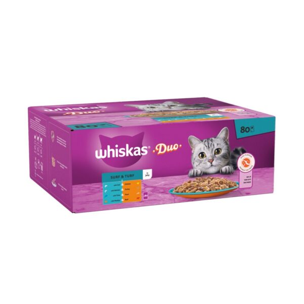 Whiskas 1+ Duo Surf and Turf Adult Wet Cat Food Pouches in Jelly 80 x 85g